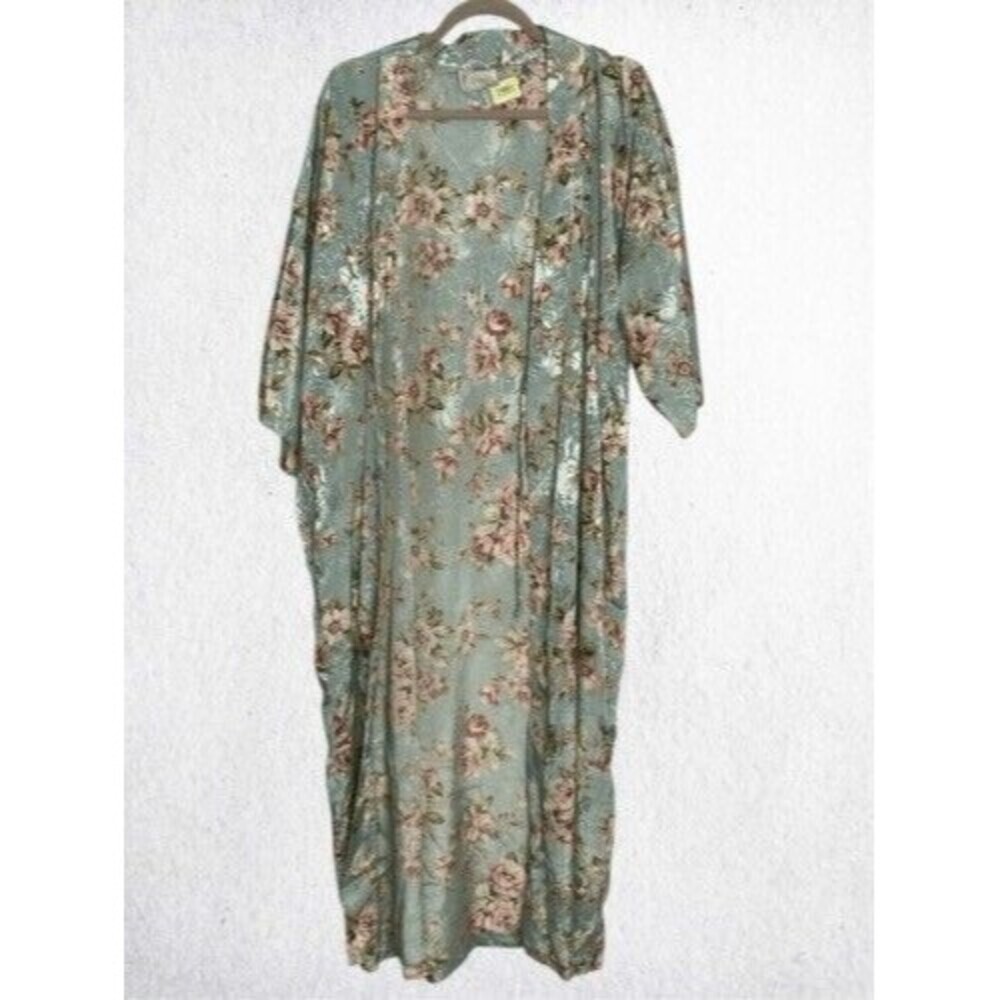 VTG Expressions California Dynasty Robe Women Size L Satin Lace Trim‎ Peignoir